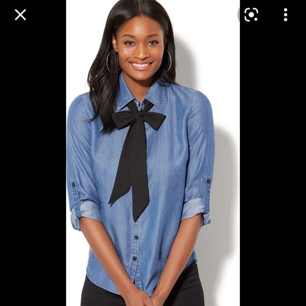 Bow-Accent Ultra-Soft Chambray Shirt - Dark Blue Wash